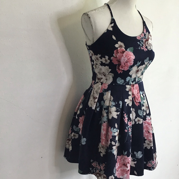 TRAC Women Elegant Navy Colorful Floral Spaghetti Straps Mini Dress S - Picture 4 of 12